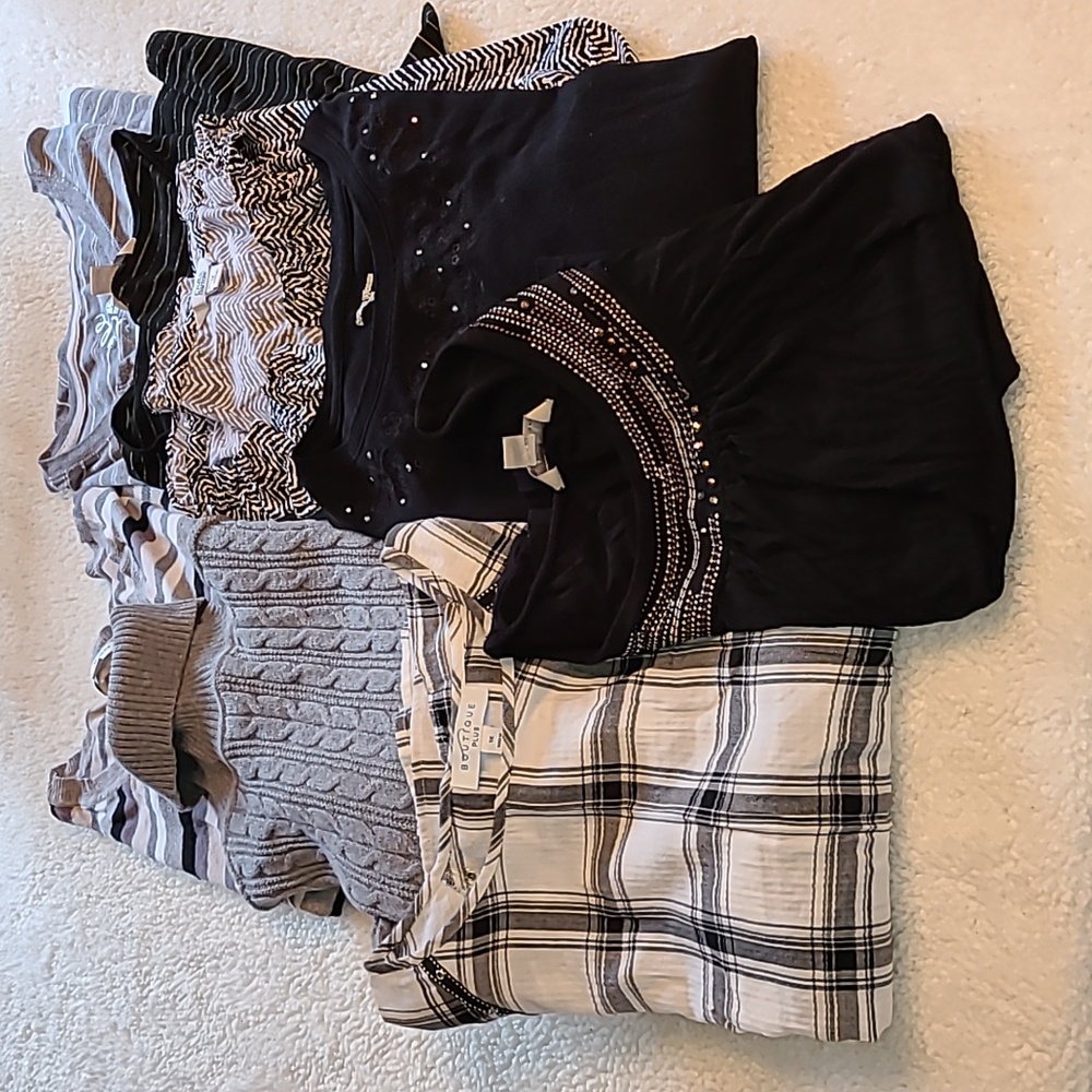 8 tops. (2 sweaters, 2 blouses, 3 casual, 1 tank w embellishments)